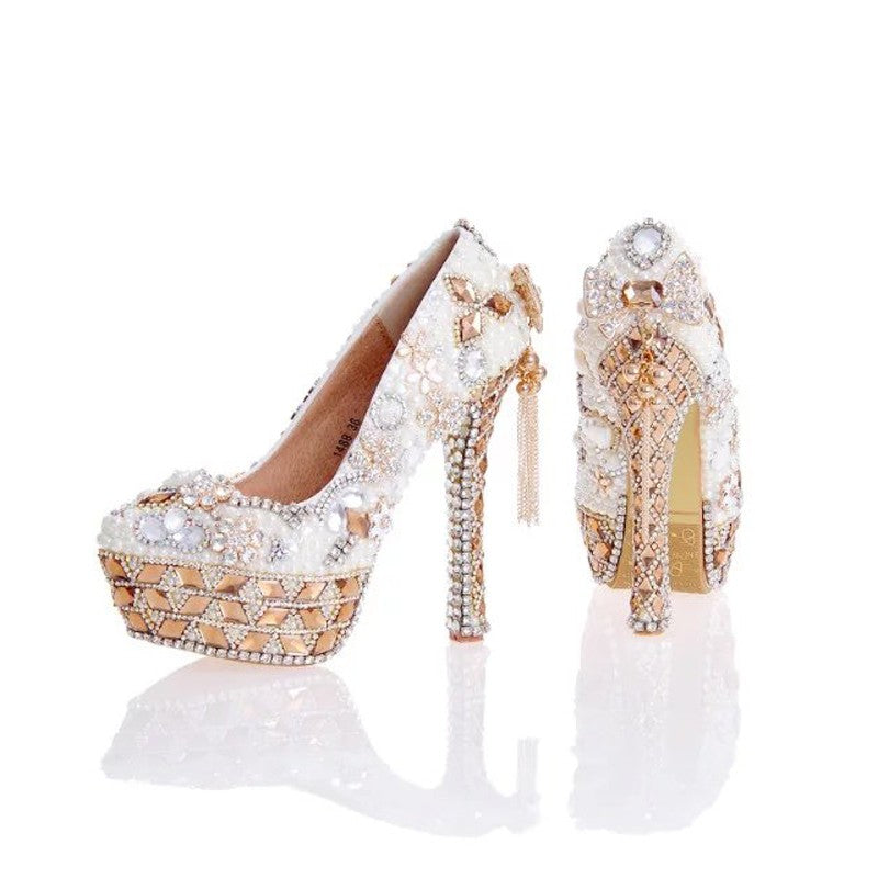 Handmade White Pearland Crystal Wedding Shoes with Matching Bag