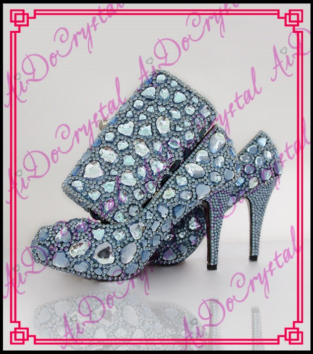Aidocrystal Handmade blue crystal handbags women latest design matching italian shoe and bag set
