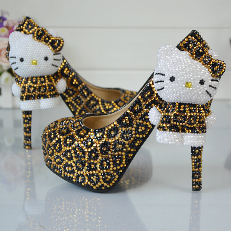 Leopard Gold and Black Rhinestone Wedding Shoes with Hello Kitty Bridal