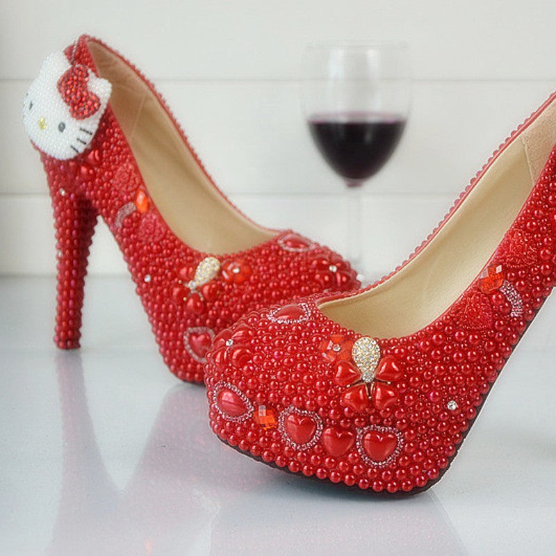 New Design Handmade Red Wedding Shoes Hello Kitty Decoration Pearl
