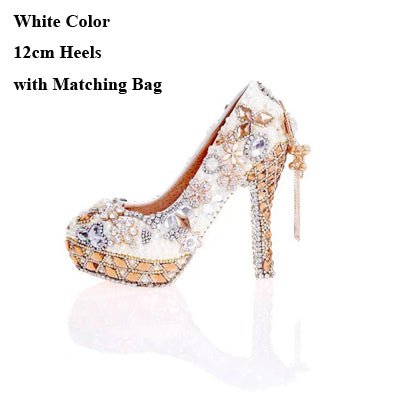 Handmade White Pearland Crystal Wedding Shoes with Matching Bag
