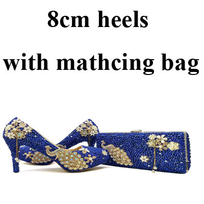 2017 Royal Blue Pearl Bridal Shoes with Matching Bag Gorgeous Design Peacock Style Rhinestone