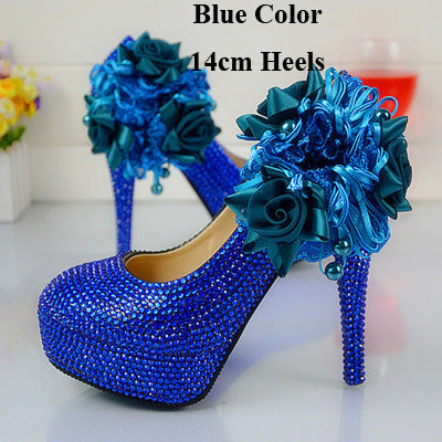 Wedding Dress Shoes Royal Blue Color Rhinestone Party Prom High Heel Shoes Handmade