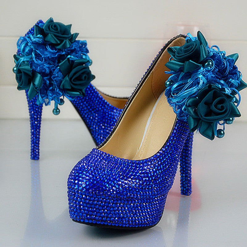 Wedding Dress Shoes Royal Blue Color Rhinestone Party Prom High Heel Shoes Handmade