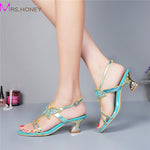 Middle Heel Rhinestone Wedding Shoes Cut-out Summer Sandals Slingback Chunky Heel Genuine Leather