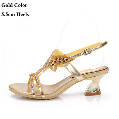Middle Heel Rhinestone Wedding Shoes Cut-out Summer Sandals Slingback Chunky Heel Genuine Leather