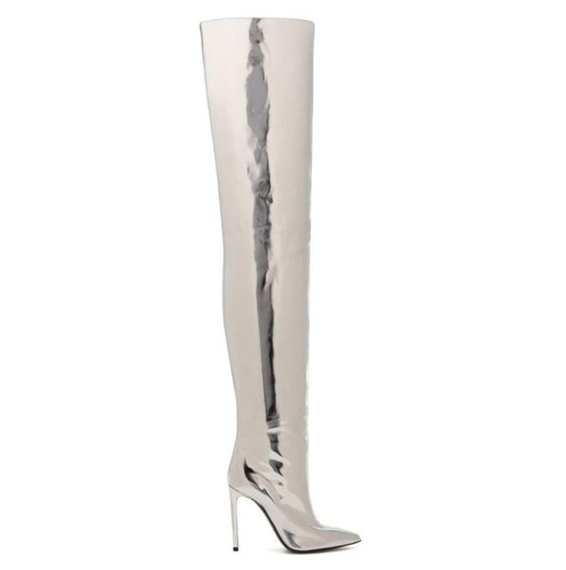 2017 Sliver Metallic Thigh High Boots For Women Leather