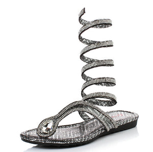 Fashion summer style knee high gladiator sandals women Flat Sandals Snake Punk Rhinestone Boot