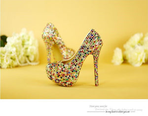 Muilti color rhinestone party shoes woman high heel round toe bridal