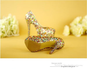 Muilti color rhinestone party shoes woman high heel round toe bridal