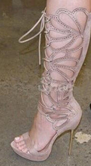 Women Charming Design Open Toe Lace-up Rhinestone Knee High Gladiator