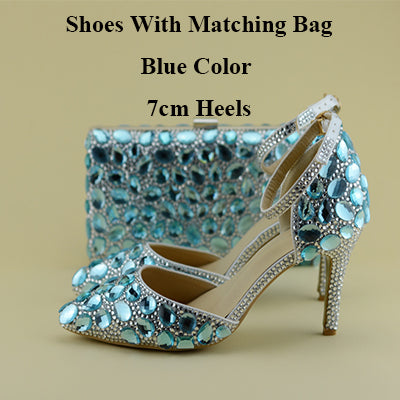 Blue Rhinestone Shoes with Ankle Srap With and Matching Bag