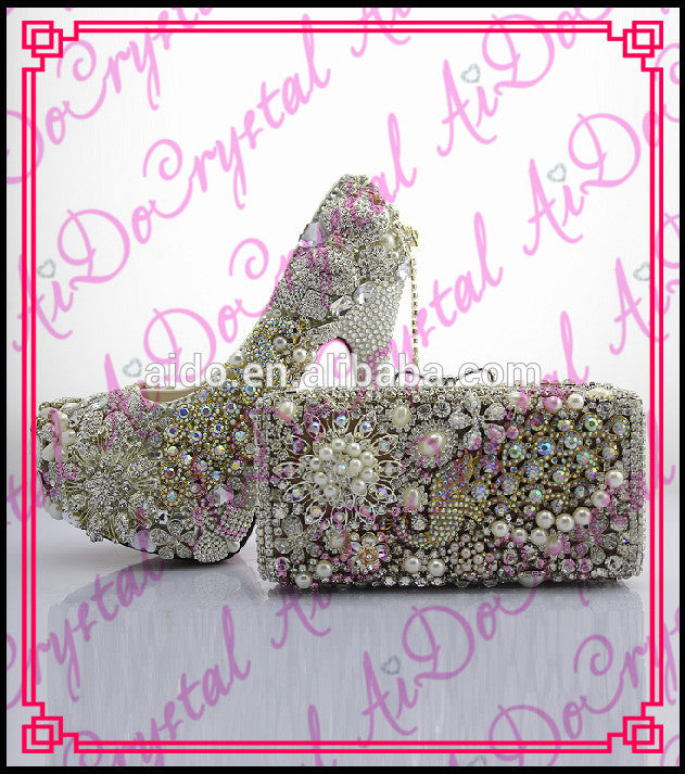 Aidocrystal hight quanlity wholesale crystal matching shoes and bag set for party/wedding