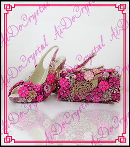 Aidocrystal Handmade fashion women fuchsia crystal shoes and bag matching set