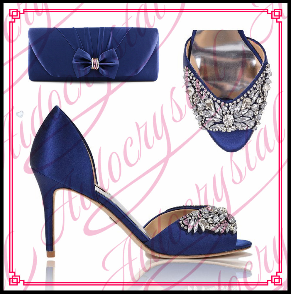 2016 fashion deep blue rhinestones Peep toe Italian shoes with matching bags