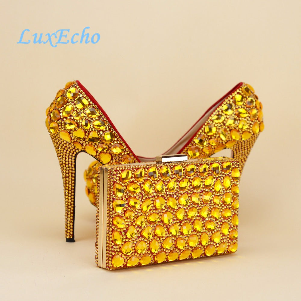 Gold rhinestone Womens wedding shoes with matching bags woman