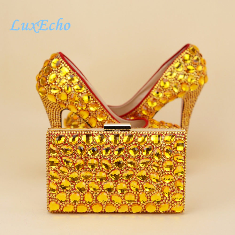 Gold rhinestone Womens wedding shoes with matching bags woman