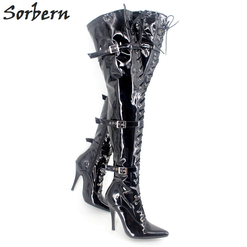 Patent Leather Shiny Women Boots Cuissardes Talons Haut Thin Hiver