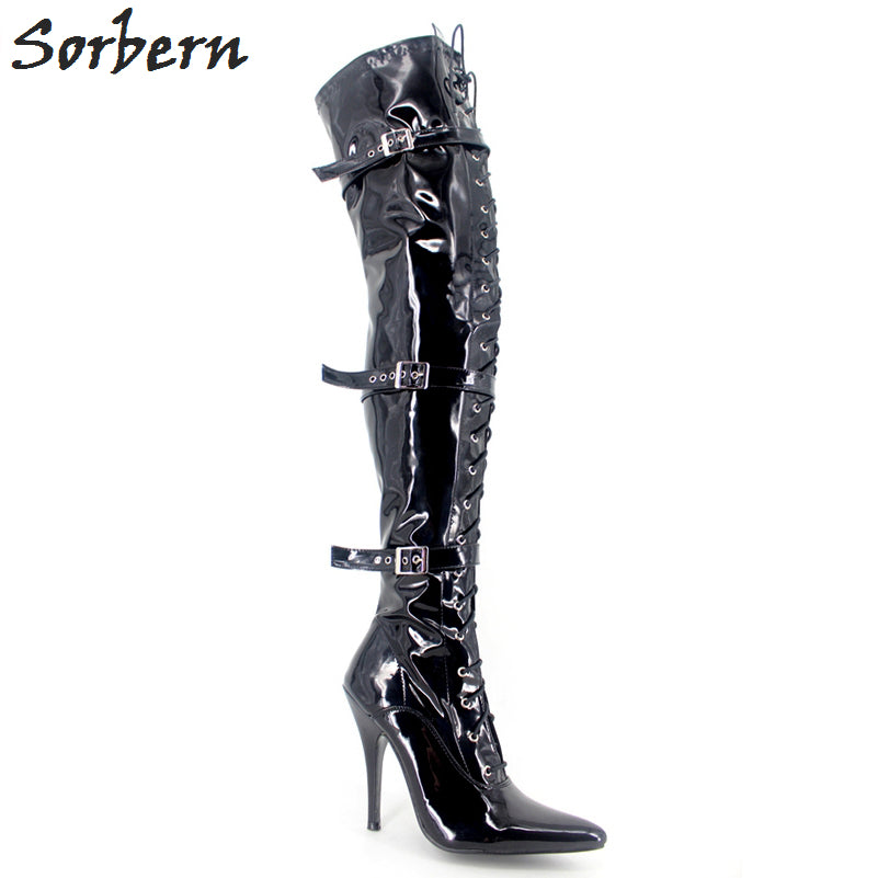 Patent Leather Shiny Women Boots Cuissardes Talons Haut Thin Hiver
