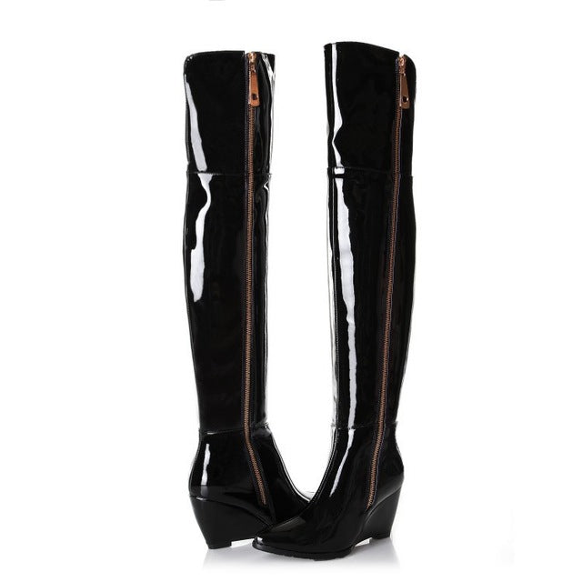 Free shipping 2017 new Genuine Leather pointed toe over the knee boots for women patent leather