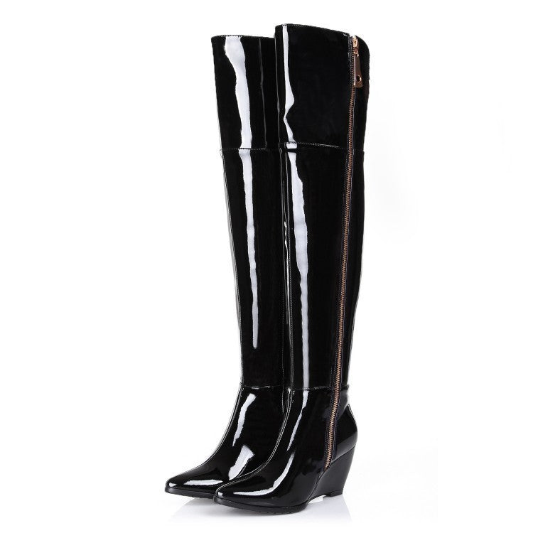 Free shipping 2017 new Genuine Leather pointed toe over the knee boots for women patent leather