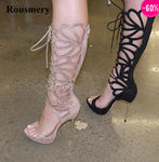 Women Charming Design Open Toe Lace-up Rhinestone Knee High Gladiator