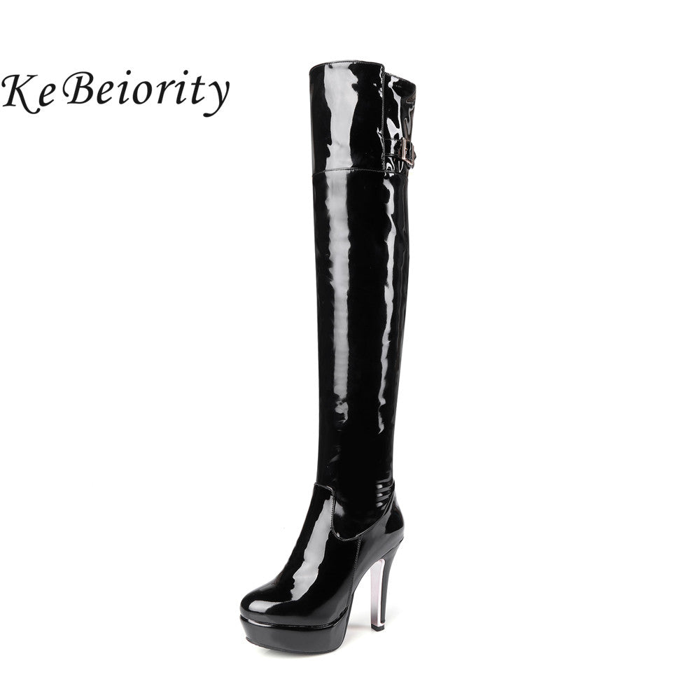 KEBEIORITY Plus Size 34-48 Women Boots Patent Leather Over the Knee Boots