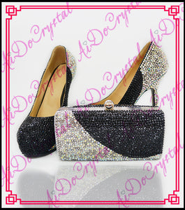 Aidocrystal 2016 New Fashion black and white style Handmade Crystal Ladies Matching Shoe and Bag Set
