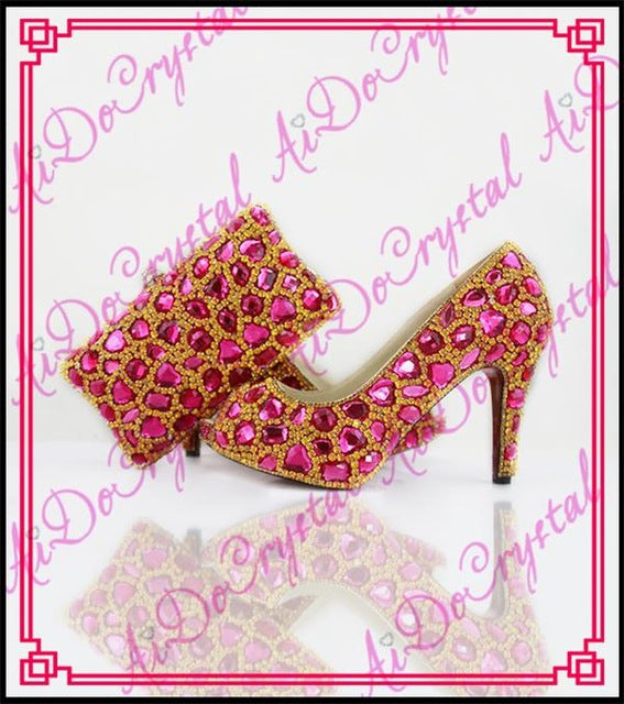 Aidocrystal shiny fuchsia rhinestone italian shoes with matching bags open toe high heels