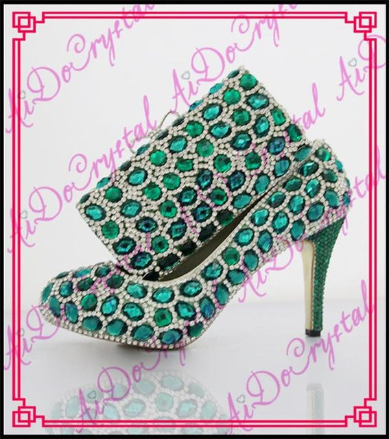 Aidocrystal shiny fuchsia rhinestone italian shoes with matching bags open toe high heels