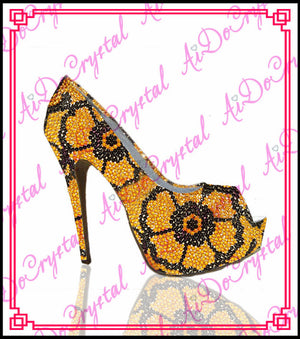 Aidocrysta 2015 fashion genuine leather rhinestone yellow women high heel shoes with matching bag