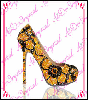 Aidocrysta 2015 fashion genuine leather rhinestone yellow women high heel shoes with matching bag