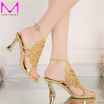 Plus Size 44 Bling Bling Gold Rhinestone Shoes Summer Open Toe Chunky Heel