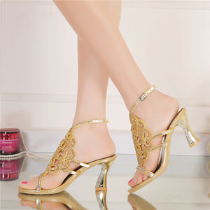 Plus Size 44 Bling Bling Gold Rhinestone Shoes Summer Open Toe Chunky Heel