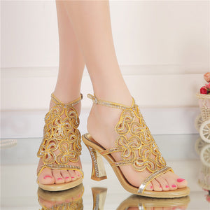 Plus Size 44 Bling Bling Gold Rhinestone Shoes Summer Open Toe Chunky Heel