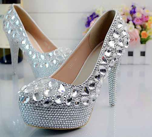 2016 Custom Women High Heel Crystal Wedding Shoes Silver Make Plus Size Ballerian