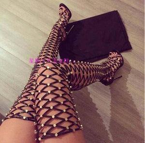 Sexy Cut Out Thigh High Boots Rhinestone Studded Women Summer Gladiator Sandal Boots