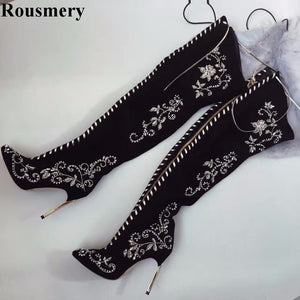 New Fashion Lace-up Pointed Toe Embroidery Rhinestone Over Knee Gladiator Boots Boots