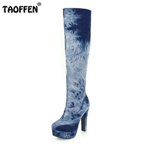 TAOFFEN Size 33-50 Ladies High Heel Boots Women Zipper Knee Thin Heels Boot Warm Winter Party