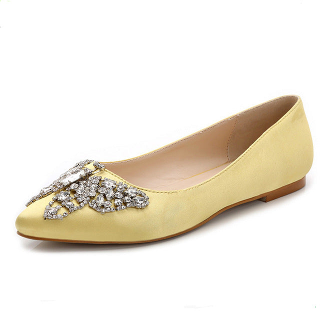 2017 Wedding Women Flats Shoes Spring Autumn Brand Pointed Toe Rhinestone Heel Shallow Single Flat