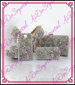 Aidocrystal white rhinestone flowers ladies wedding shoes and bag to match
