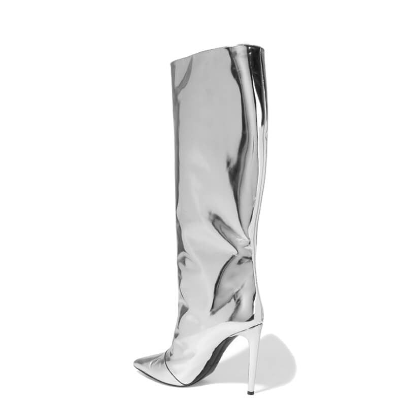 Women Pointed Toe Boots 2017 Mirror Effect Boots Slip On Sliver Patent Leather Knee High Boots