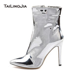 Women High Heel Ankle Boots 2017 Sliver Shiny Patent Leather Pointed Toe Booties