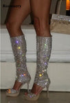 New Fashion Women Open Toe Rhinestone High Platform Gladiator Boots Cut-out Knee High Crystal