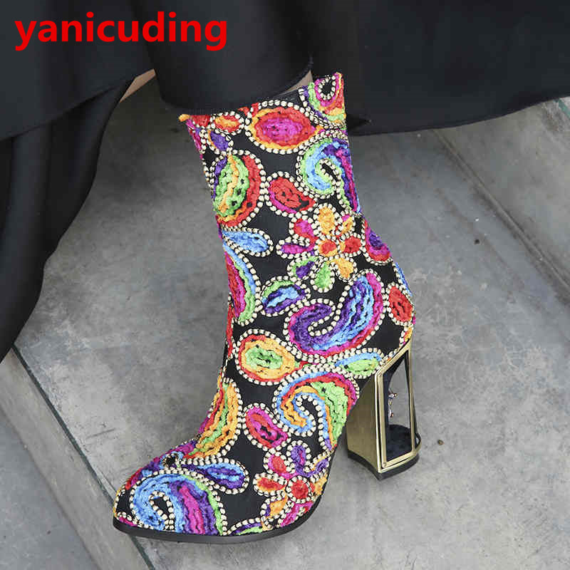 yanicuding Round Toe Women Boots High Cage Heel Flower Shoes Short Booties