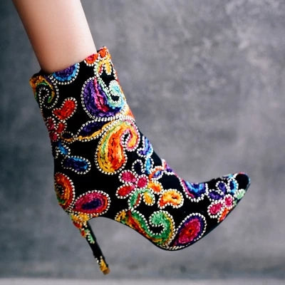yanicuding Round Toe Women Boots High Cage Heel Flower Shoes Short Booties