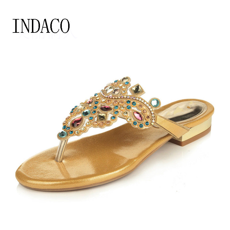 Gold Rhinestone Flip Flops Slides Summer Flat Sandals  Sexy Women's Shoes India Style Beach