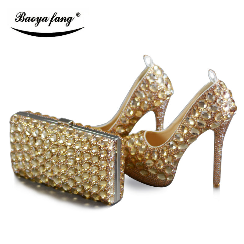 Champagne crystal women Wedding shoes with matching bags ]