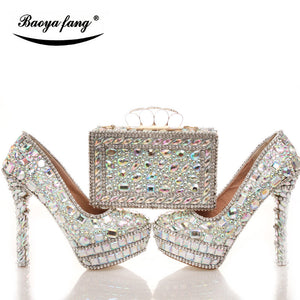 BaoYaFang New Bling crystal Womens Wedding shoes with matching bags