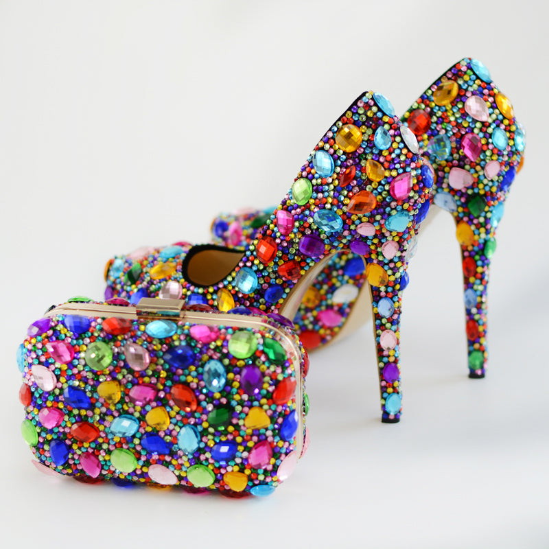 Colorful Rhinestone Wedding Bridal Shoes with Matching Bag